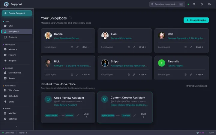 Snippbot agents list showing agent cards with avatars, archetype badges, and model info