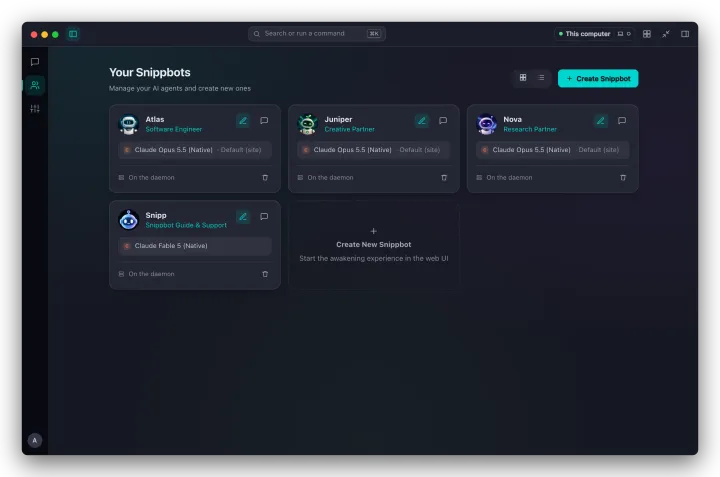 The Agents page in Snippbot Desktop, showing agent cards