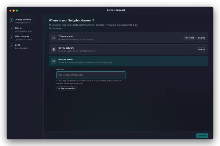 Choose daemon step with Remote server selected and an address entered