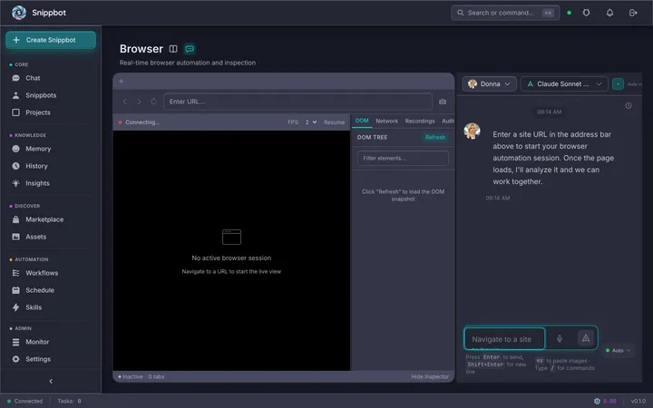 Snippbot browser page showing the live viewport with chat panel and toolbar controls