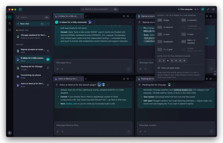 The Layout menu open, showing preset layouts and auto-tile options