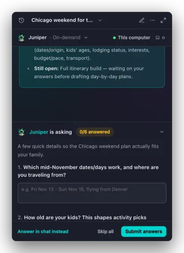 Quick Chat showing an agent's question form