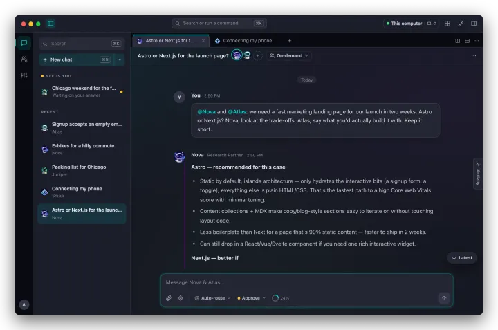 A multi-agent conversation with two agents, Nova and Atlas, in the roster