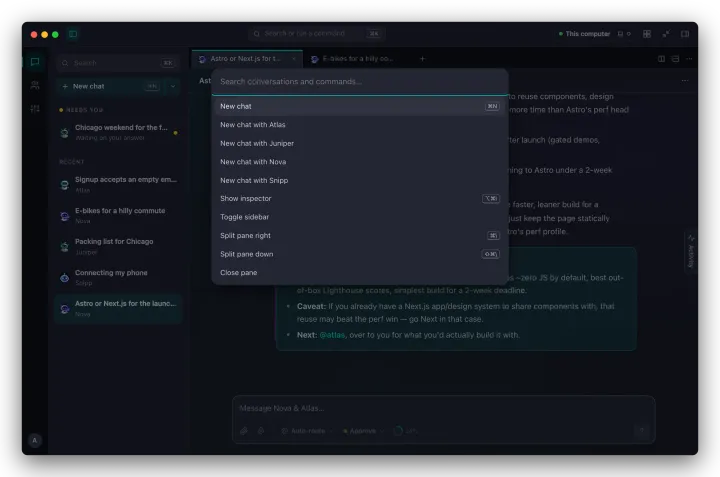 The command palette open with a search box and a filtered list of actions