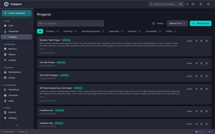 Snippbot dashboard showing the projects page after successful installation