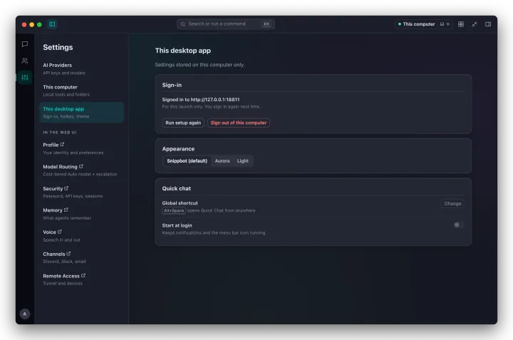 Settings → This desktop app, showing sign-in, appearance and Quick Chat sections