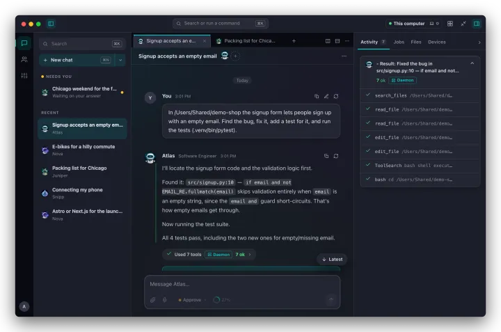 A tool-call group in a reply, next to the Activity tab in the inspector